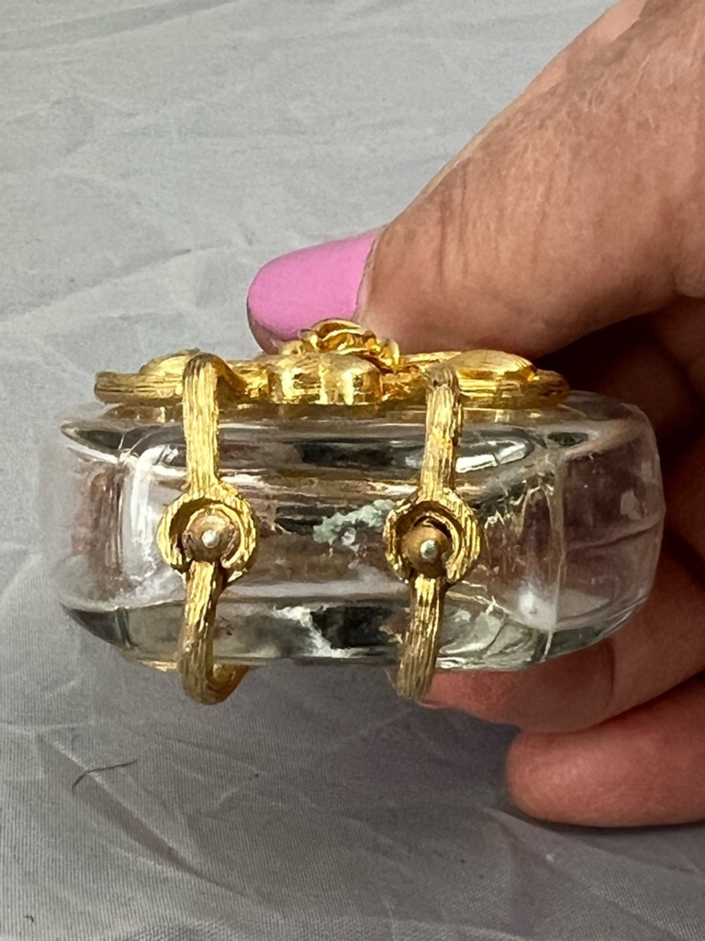 Vintage Round Glass Perfume Bottle with Gold Filigree - Picture 4 of 5